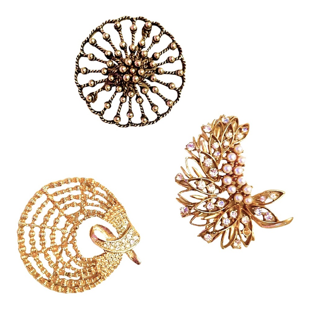 VINTAGE set of 3 Fancy Large gold, Rhinestones pearls PINS Mid Century